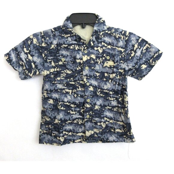Vintage OshKosh Shirt Boys Sz 5 Button-Up Short Sleeve Shirt Blue Camo Collared - Picture 1 of 8